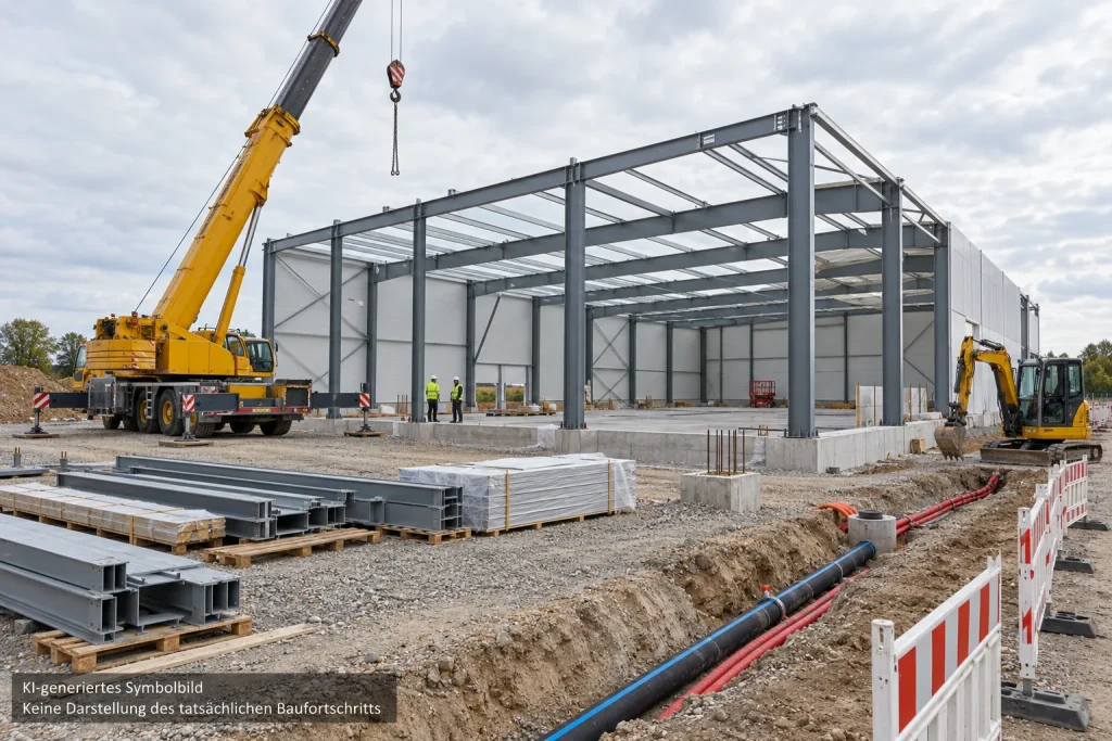KI-generiertes Symbolbild: Stahlbau einer neuen Fertigungshalle mit Kran, Bagger und Leitungsgraben