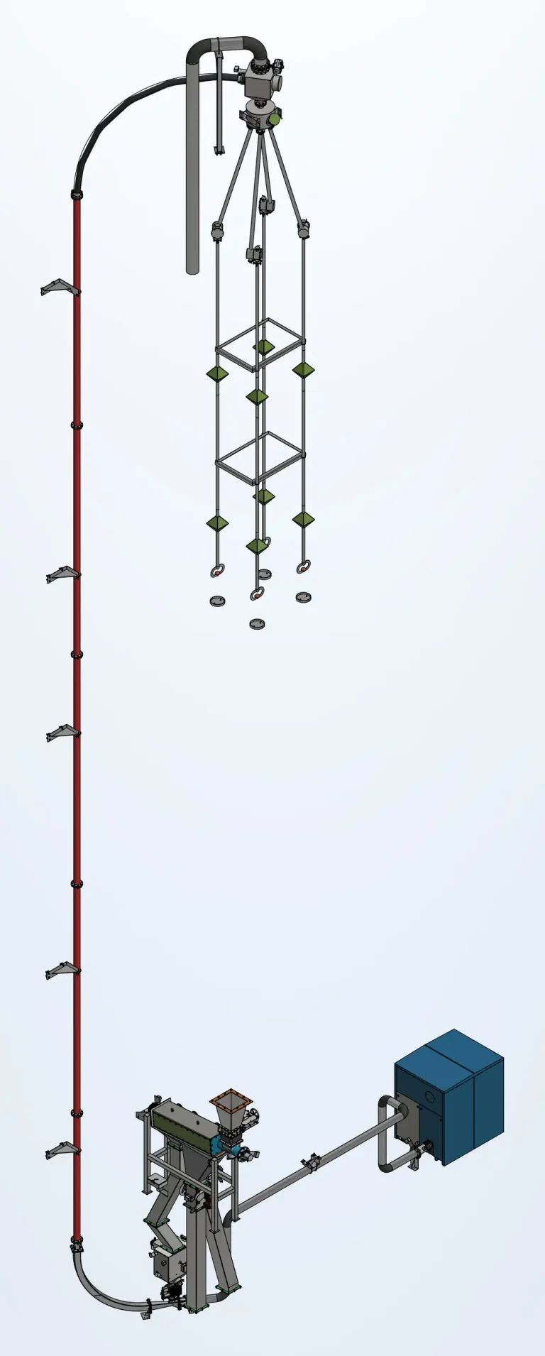3D-Gesamtansicht einer Kugelregenanlage mit Förderleitung, oberen Verteilbaugruppen, Siebtrommel und Fördergebläse.